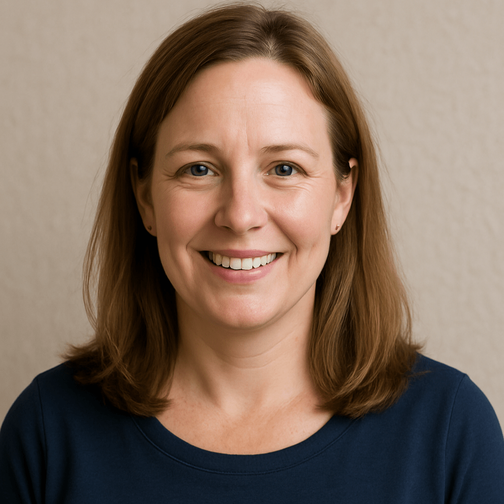 A woman with straight, shoulder-length light brown hair and wearing a navy blue top smiles at the camera, positioned as if ready for a Right Sidebar profile photo, against a plain beige background.