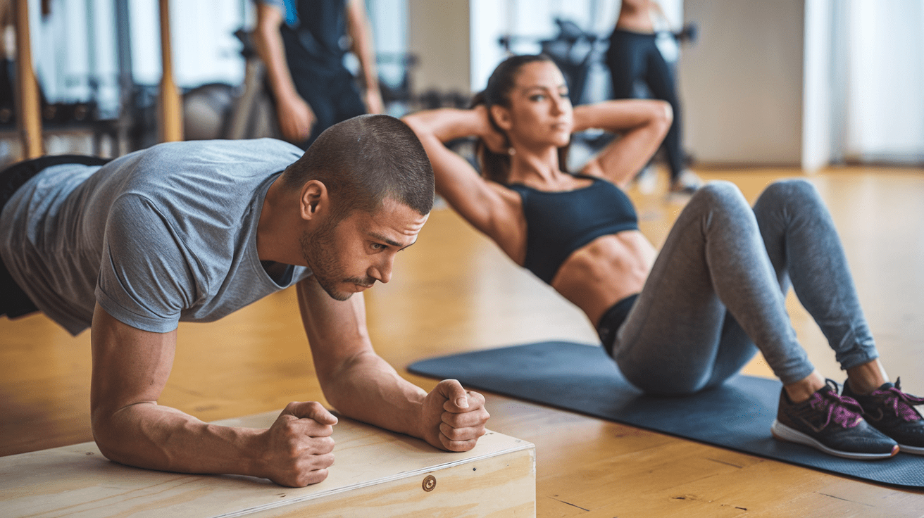 A man in a gray shirt holds a plank on a wooden box, while a woman in workout clothes does sit-ups on a mat beside him—both following flat stomach tips for effective stomach weight loss in a gym setting.