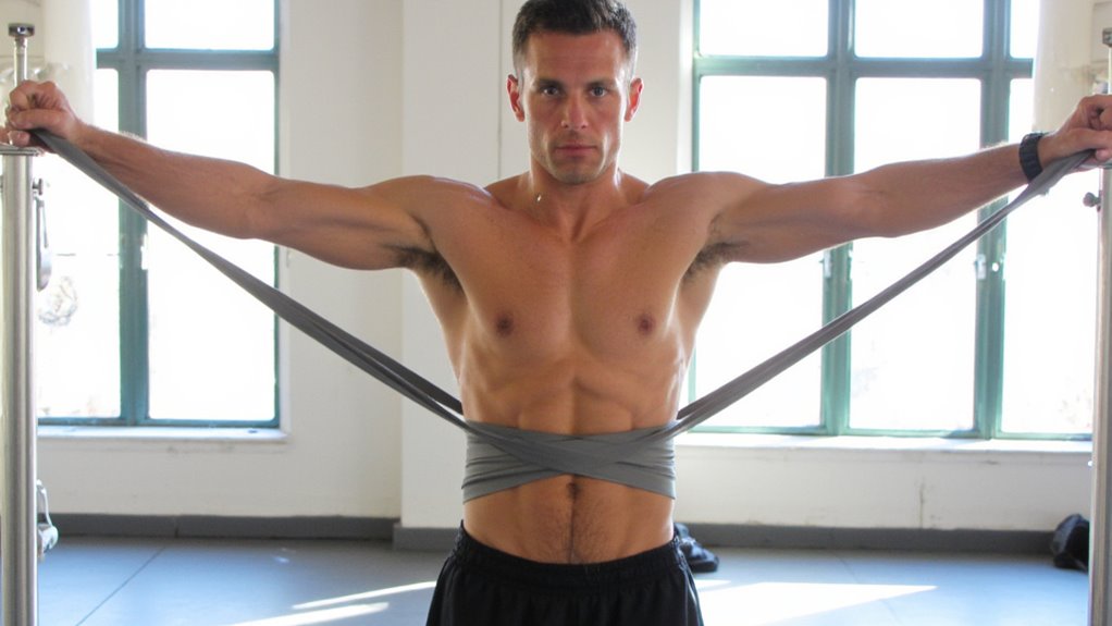 A shirtless man standing indoors stretches a resistance band across his chest with both arms extended sideways, focused on his workout. Natural light streams in through large windows—an effective move for belly fat reduction and a flatter stomach.