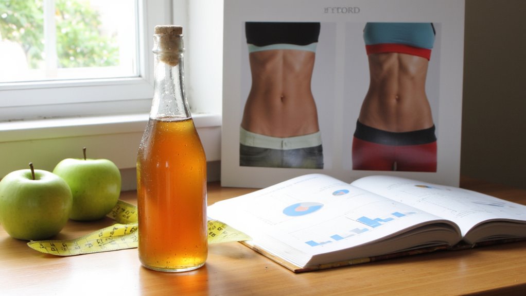 A bottle of apple cider vinegar sits on a table beside two green apples, a yellow measuring tape, an open graph-filled notebook, and a photo showing belly fat reduction—a setup perfect for how to lose belly fat and flat stomach tips.