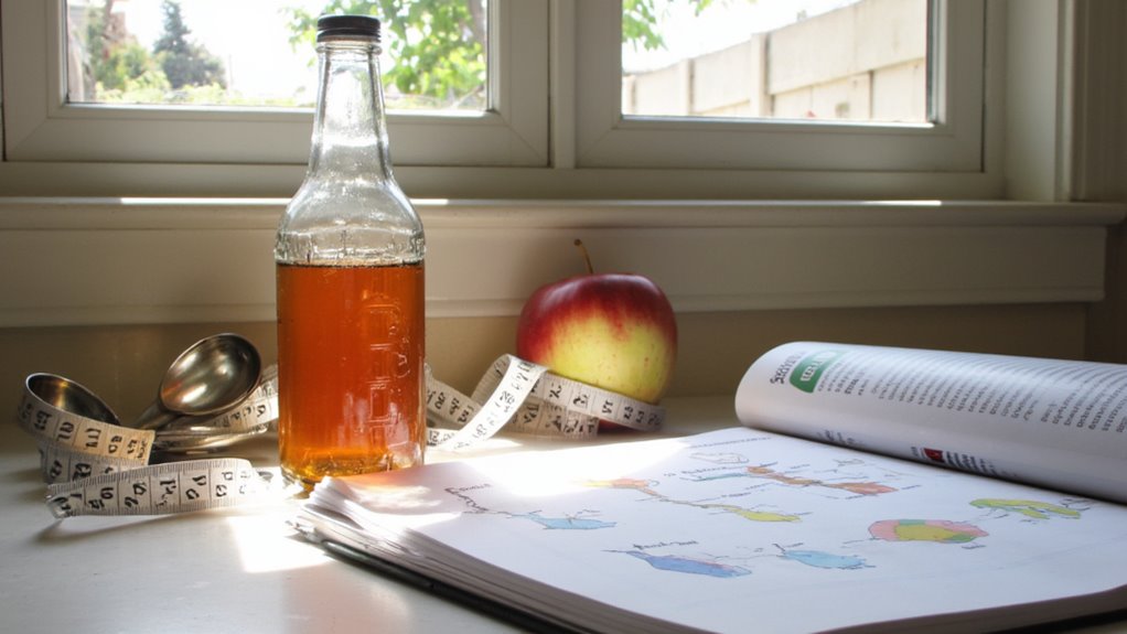 A bottle of amber liquid, metal measuring spoons, a red apple, and a measuring tape sit beside open documents with colorful charts—tools often used for tracking visceral fat loss—in front of a sunlit window.