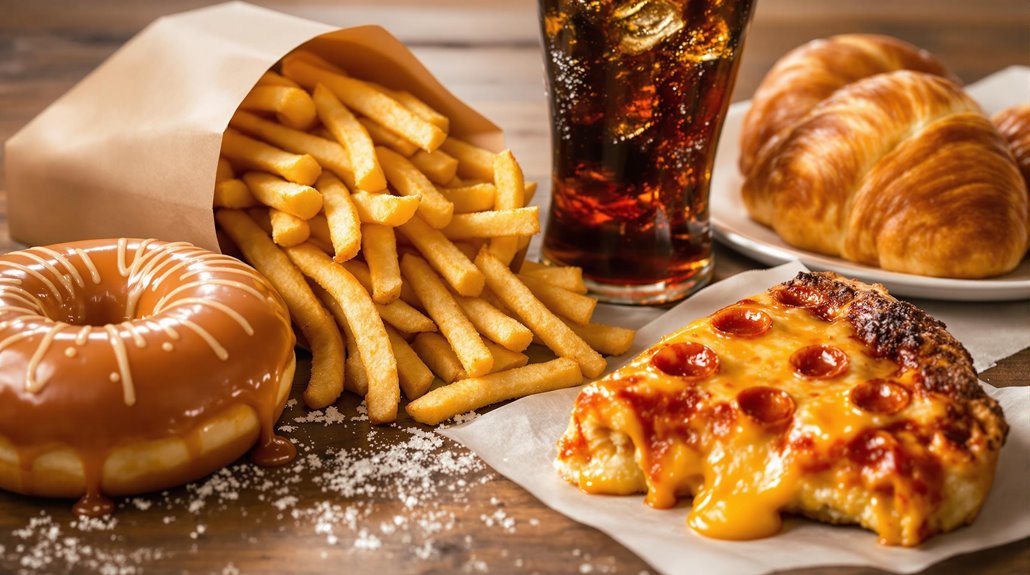 A close-up of various fast foods to avoid for weight loss, including a glazed donut, French fries in a paper bag, a slice of pepperoni pizza, croissants on a plate, and a glass of dark soda on a wooden table.