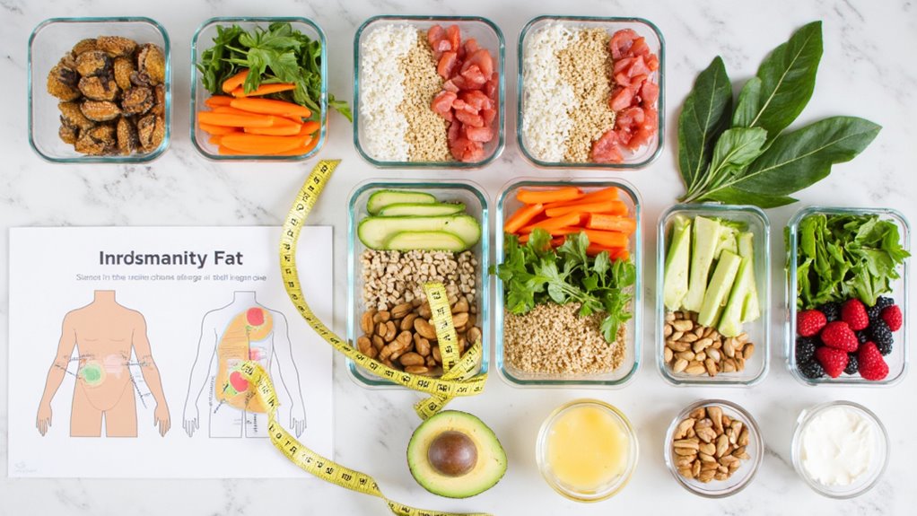 A variety of healthy foods in glass containers, like carrots, cucumbers, berries, grains, nuts, and an avocado, are arranged on a table next to a tape measure and a health diagram labeled “Inrdsmanity Fat,” highlighting belly fat reduction.