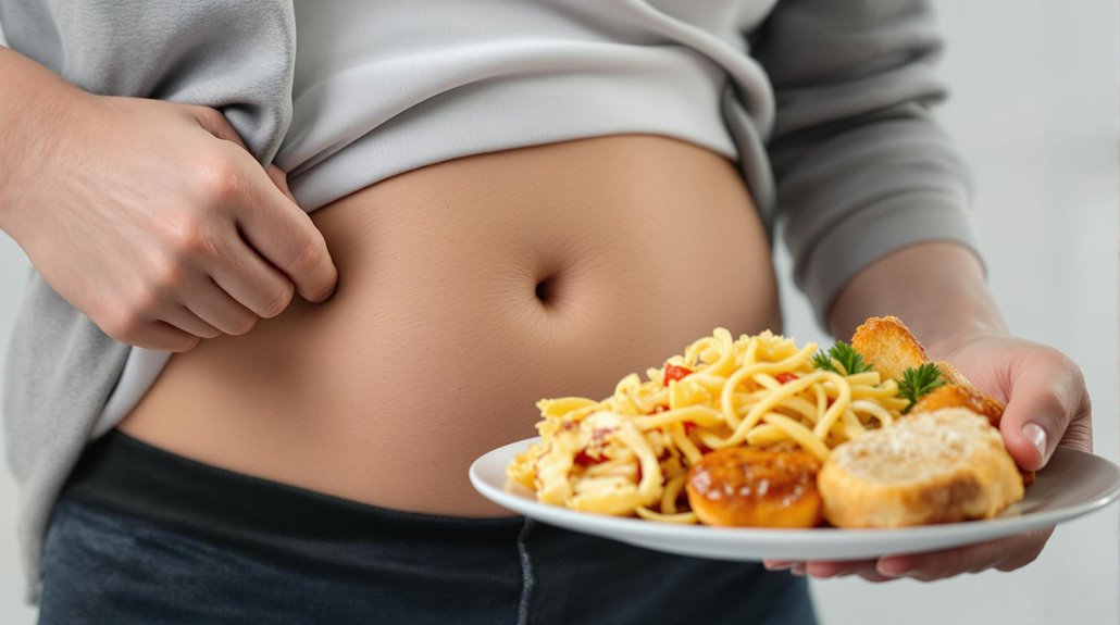 A person pinches the skin on their bare stomach with one hand, possibly checking for belly fat, while holding a plate of food with carbs like pasta, bread, and chicken nuggets in the other hand.