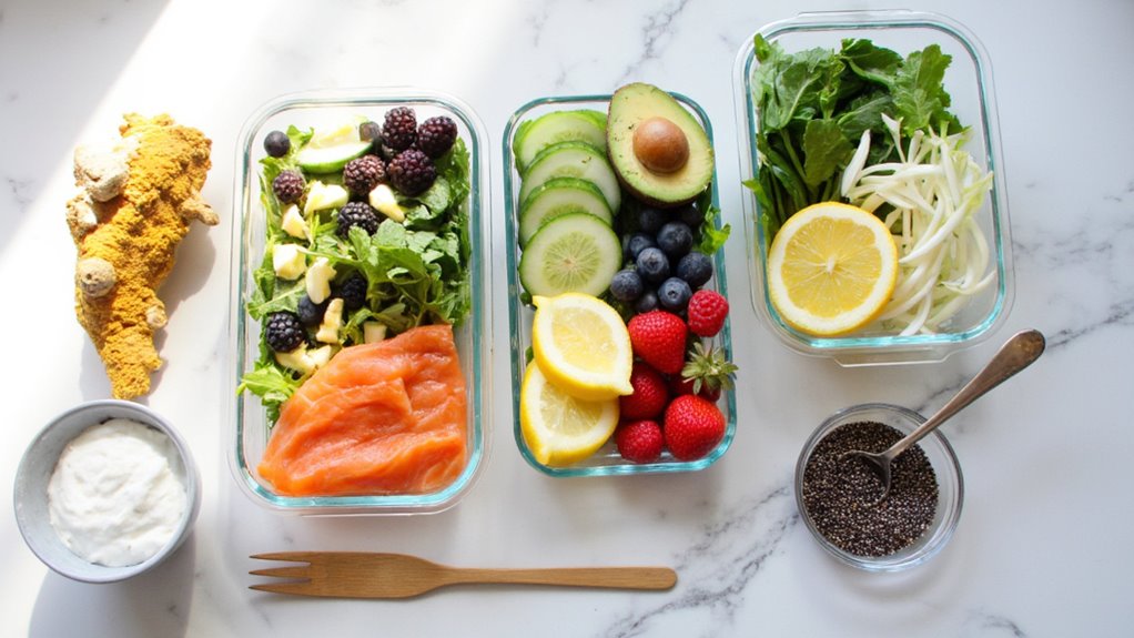 A healthy meal with smoked salmon, leafy greens, blackberries, cucumber, avocado, berries, lemon slices, sprouts, turmeric root, chia seeds, and a creamy dip—perfect for those focused on how to lose belly fat on their wellness journey.
