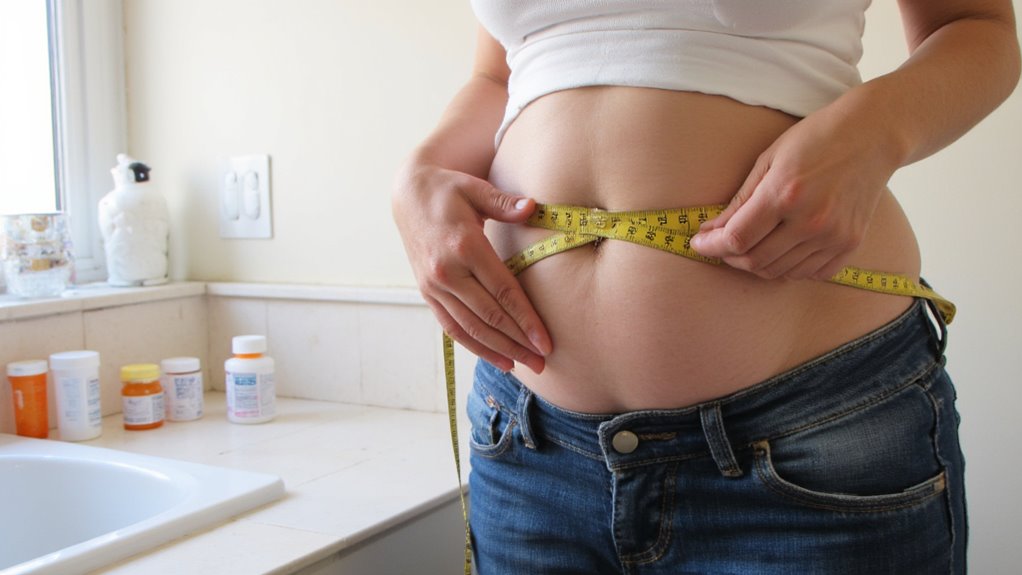 A person in jeans and a white shirt measures their waist with a yellow tape in a bathroom, suggesting a focus on belly fat reduction. Several prescription bottles are visible on the counter next to the sink.