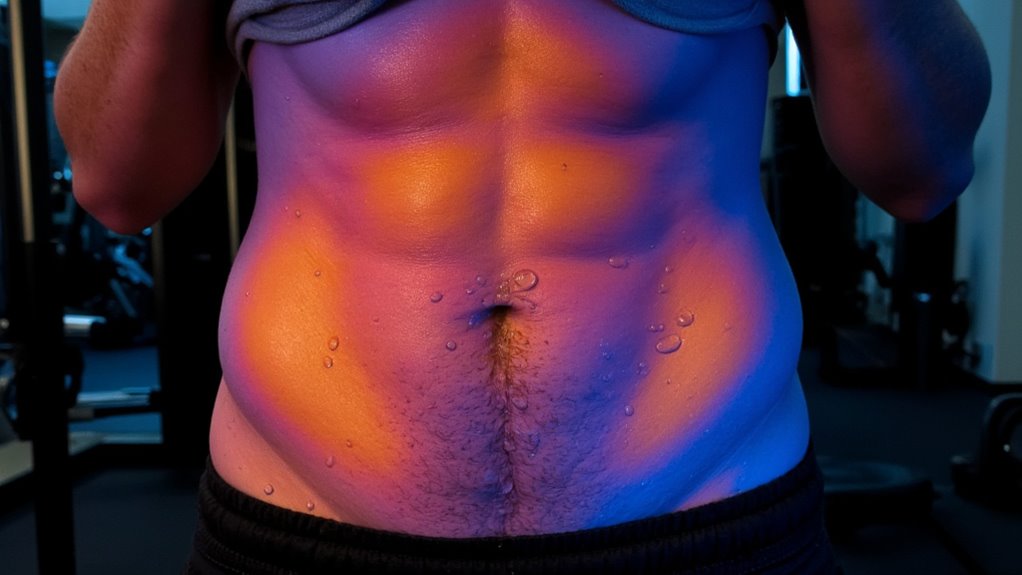 A close-up of a person's torso shows defined abs and sweat droplets, highlighting the intense effort to burn belly fat under blue and orange gym lighting.