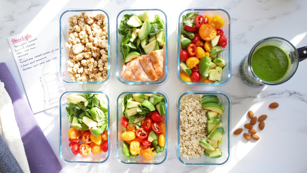 Six glass containers with meal-prepped salads, chicken, quinoa, avocado, and cherry tomatoes sit on a white surface. Nearby are almonds, a green smoothie, and a handwritten meal plan for effective stomach weight loss.