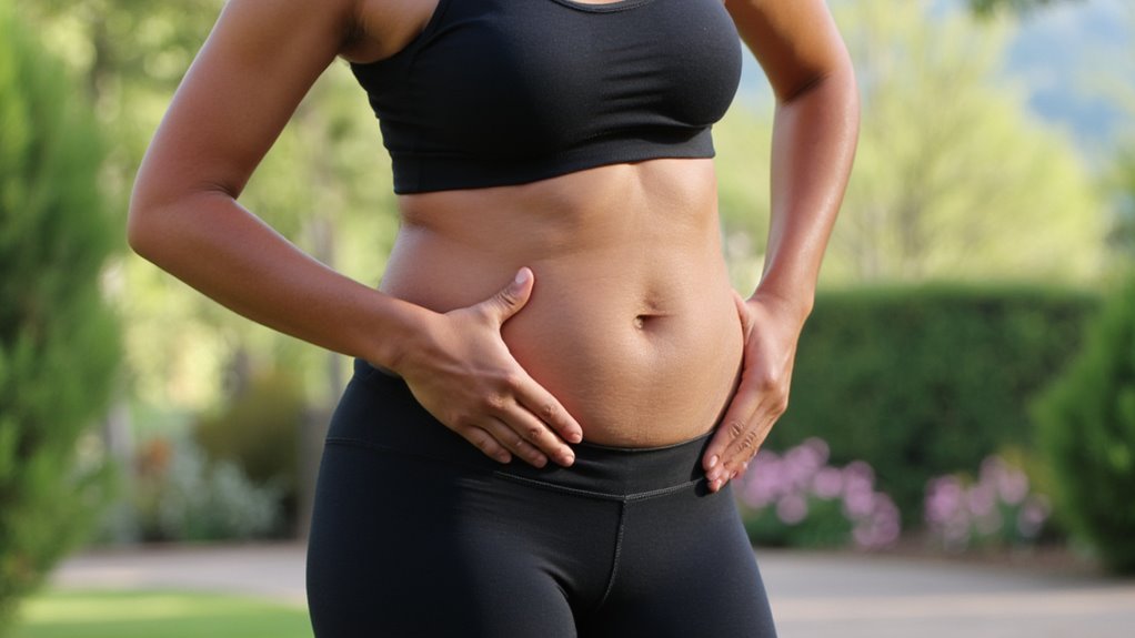 A person wearing a black sports bra and leggings stands outdoors, holding their stomach with both hands as if seeking belly fat reduction. The blurred greenery in the background highlights their focus on how to lose belly fat.