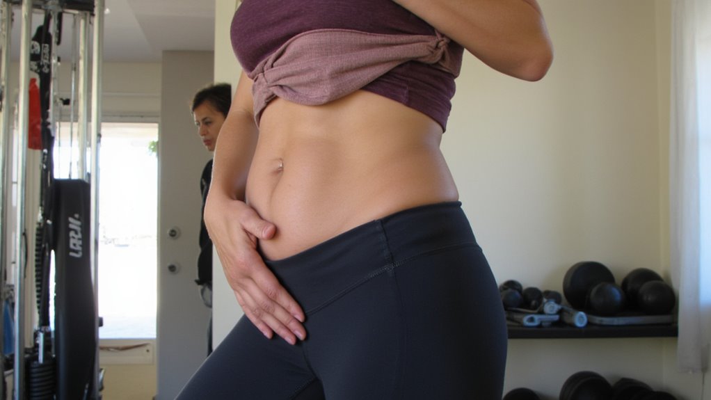 A person in workout clothes lifts their shirt to reveal their abdomen, which they are gently holding—perhaps considering flat stomach tips. Exercise equipment and another person appear in the background of a bright room.