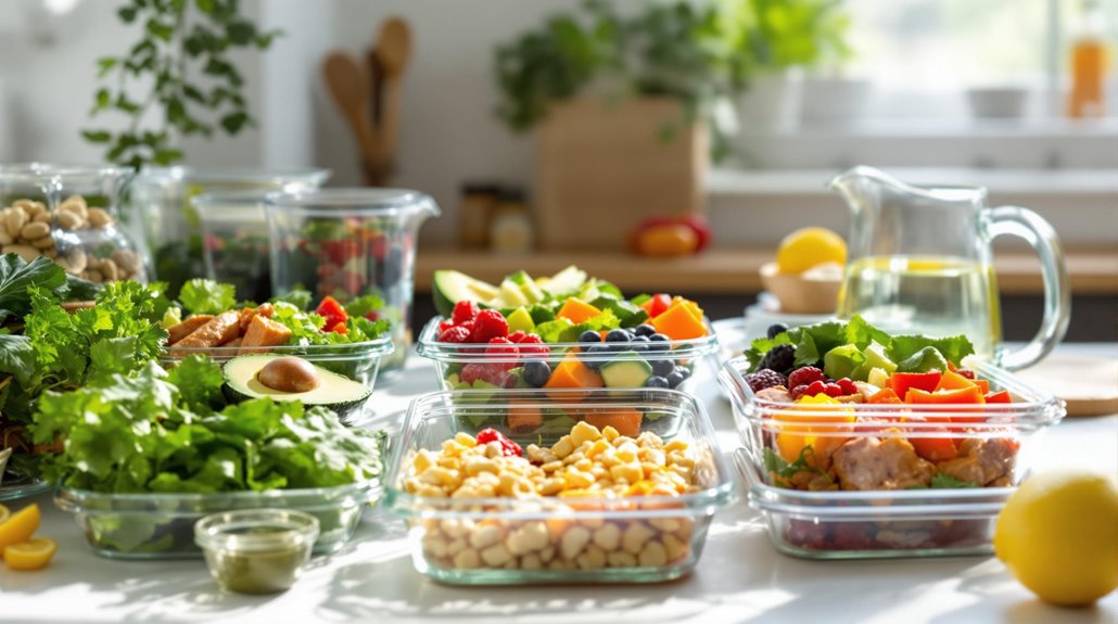 A variety of fresh salads, fruits, and vegetables in glass containers are arranged on a bright kitchen counter—perfect for a meal plan for flat stomach goals—with a jug of water and green plants in the background.