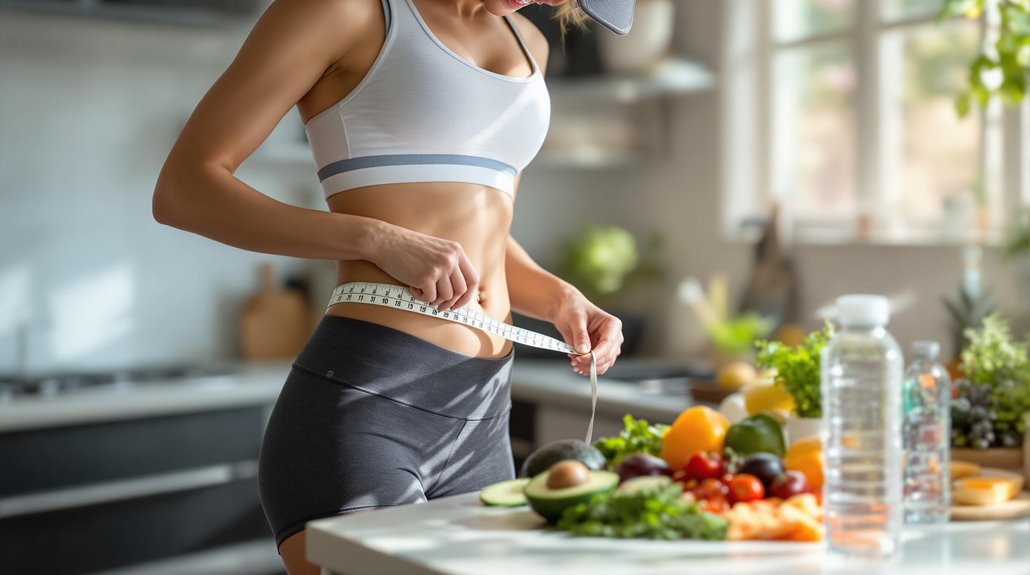 A woman in athletic wear stands in a kitchen, measuring her waist with a tape measure—surrounded by fresh fruits, vegetables, and a water bottle—showing healthy ways to reduce belly fat without starving.