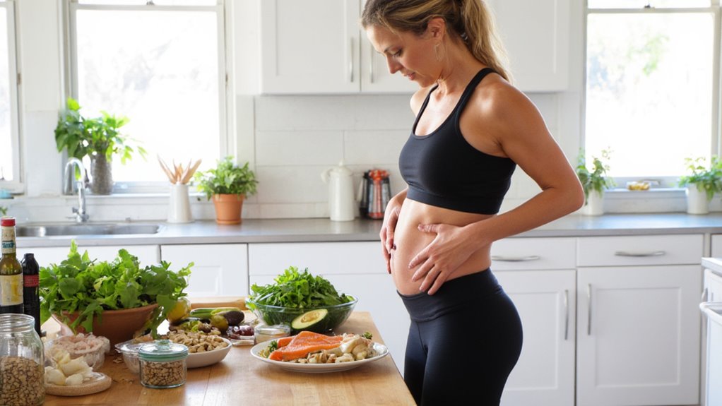A woman in athletic wear stands in a bright kitchen, gently touching her pregnant belly while looking down. A variety of healthy foods for visceral fat loss, including greens, nuts, and salmon, are arranged on the counter in front of her.
