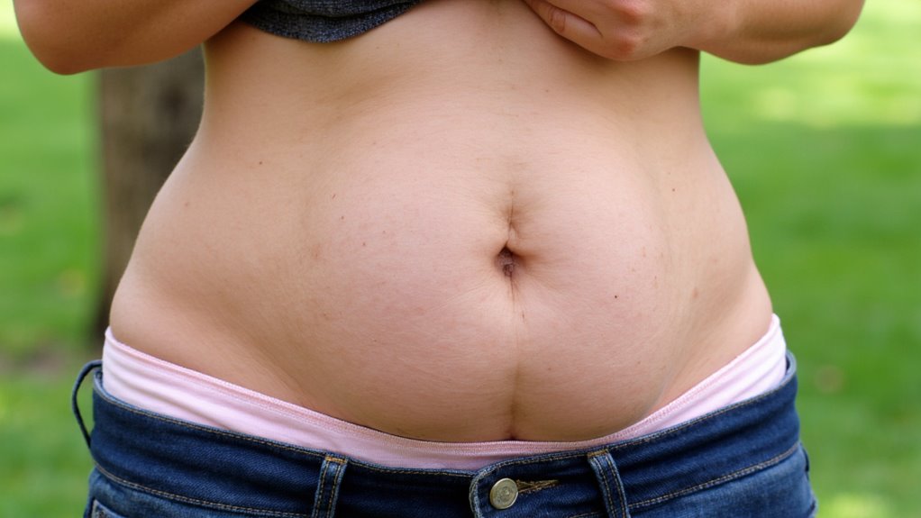 A close-up of a person's bare midsection with visible belly fat, wearing jeans and pulling up their shirt slightly. The outdoor setting hints at staying active—ideal for those seeking flat stomach tips or exploring how to lose belly fat naturally.