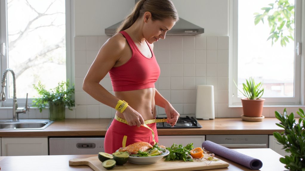 A woman in athletic wear stands in a kitchen, measuring her waist with a tape measure—focused on stomach weight loss. On the counter sits a plate of healthy food like salmon, avocado, and greens. A yoga mat is rolled up nearby.