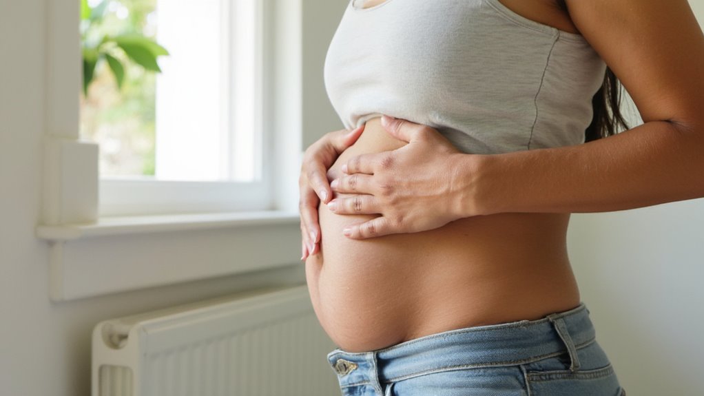 A person wearing a gray tank top and jeans gently cradles their pregnant belly while standing indoors near a window, with natural light coming in—celebrating the journey beyond stomach weight loss to embrace new beginnings.