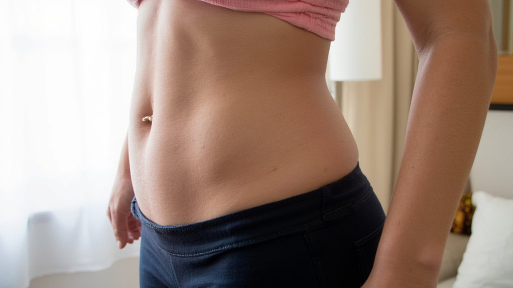 A person wearing a pink top and dark pants shows their bare midriff and stomach, standing indoors near a window with light coming in—perfect inspiration for anyone interested in flat stomach tips.