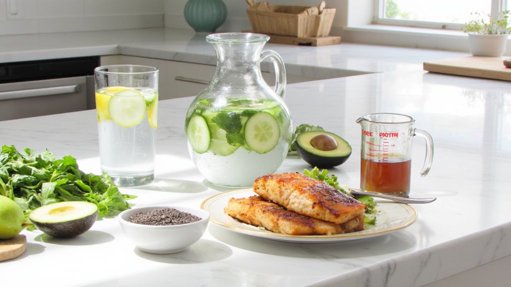 A bright kitchen scene with a plate of cooked salmon, fresh leafy greens, chia seeds, and avocados on a marble counter—perfect ingredients for those seeking healthy meals that support stomach weight loss.
