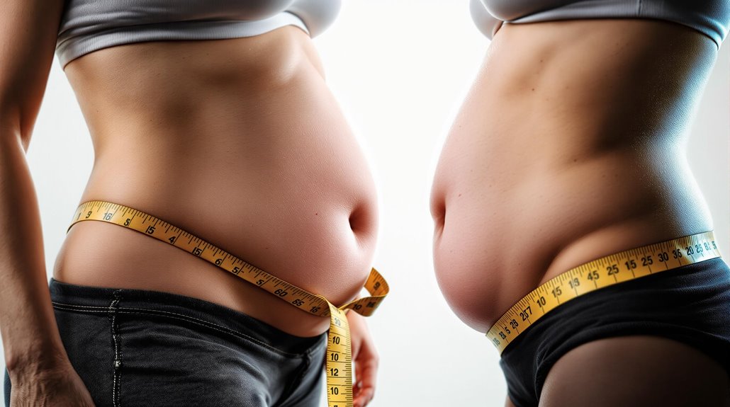 Two women stand side by side, each showing their bare midriff with a yellow measuring tape around their waists, illustrating different stomach shapes—an effective way to detect visceral fat and highlight body diversity against a plain background.