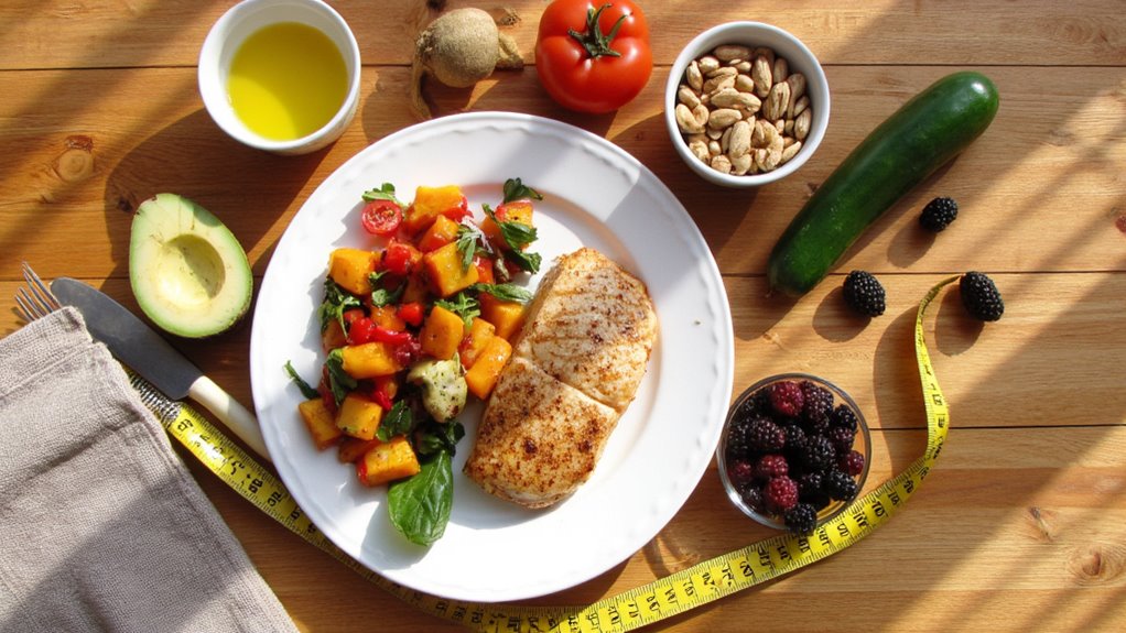 A plate with grilled chicken breast and a colorful salad sits on a wooden table, surrounded by avocado, olive oil, tomato, nuts, cucumber, berries, and a yellow measuring tape—perfect for anyone seeking flat stomach tips.