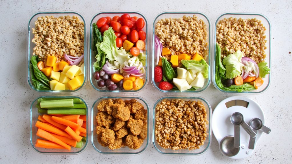 Eight glass meal prep containers filled with grains, fresh vegetables, chopped fruit, and breaded nuggets—perfect for those seeking flat stomach tips or ideas for belly fat reduction. A small white plate with metal measuring spoons sits nearby on a light surface.