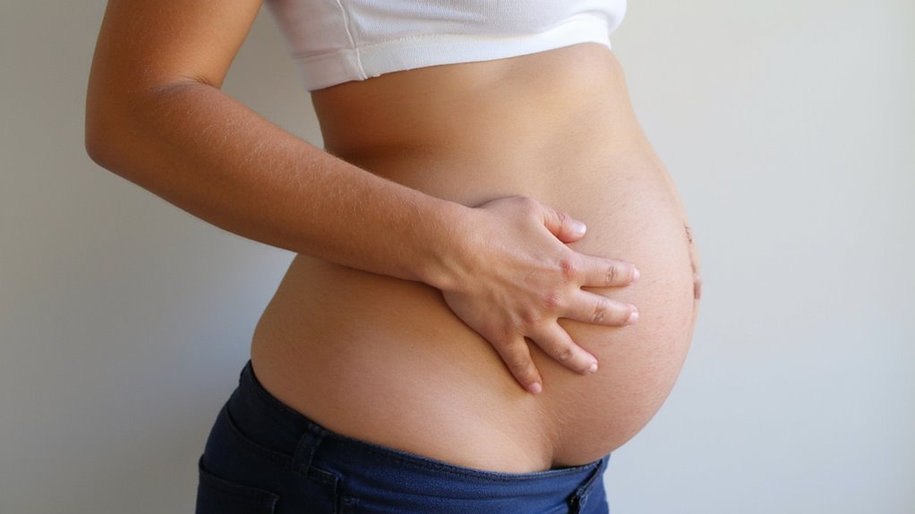 A pregnant person wearing a white top and dark pants gently cradles their bare, round belly with one hand against a plain background, embracing their body’s changes rather than focusing on flat stomach tips.