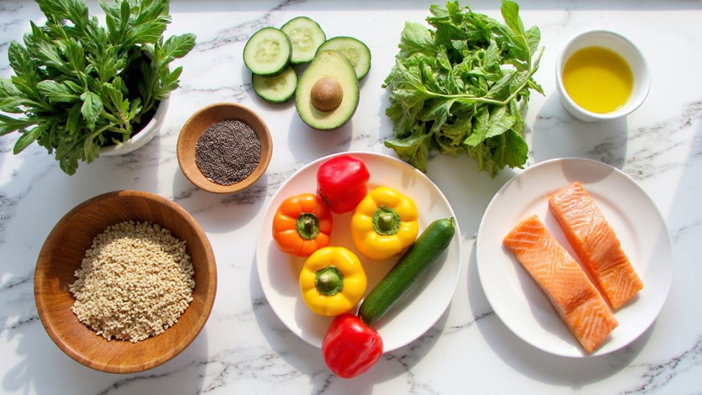 A variety of fresh ingredients on a white surface, including quinoa, chia seeds, cucumber, avocado, leafy greens, and salmon fillets—perfect for delicious meals focused on belly fat reduction and healthy eating.