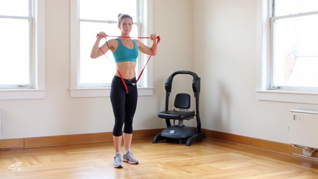 A woman in workout clothes stands in a bright room, holding a red resistance band stretched between her hands at chest height—an effective tool for belly fat reduction. Exercise equipment and large windows are visible in the background.