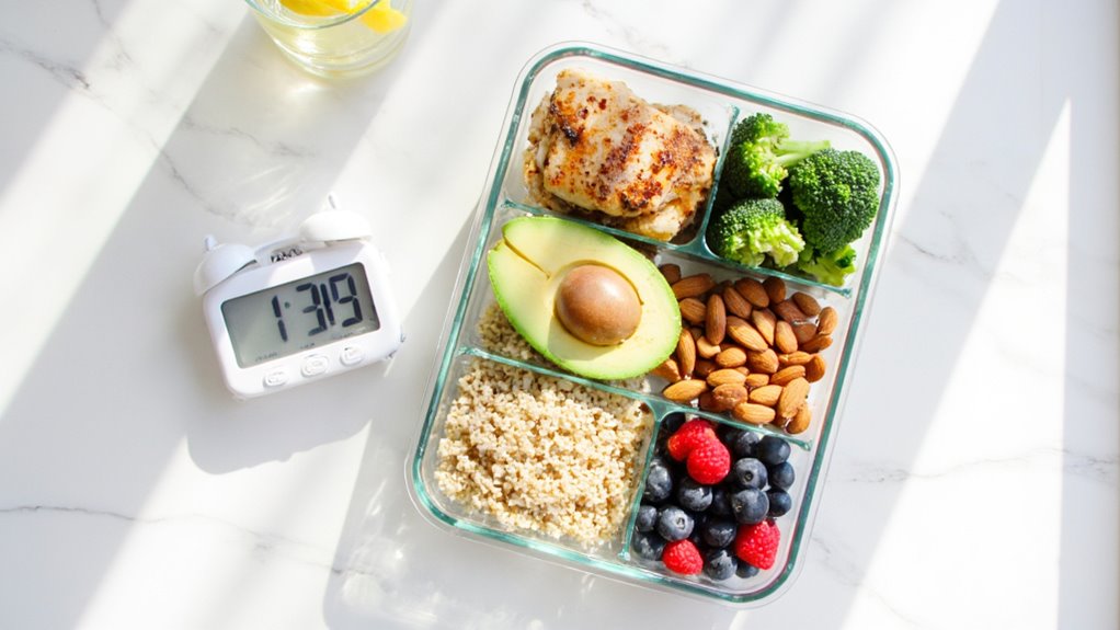 A glass meal prep container featuring chicken, broccoli, almonds, avocado, quinoa, raspberries, and blueberries—ideal for belly fat reduction—sits on a white surface beside a glass of lemon water and a digital timer reading 1:39.