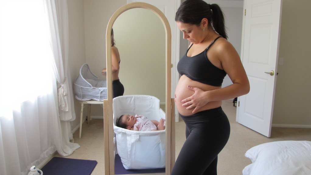 A woman in athletic wear looks at her pregnant belly in a mirror, contemplating belly fat reduction, while a baby lies in a bassinet behind her in a sunlit bedroom.