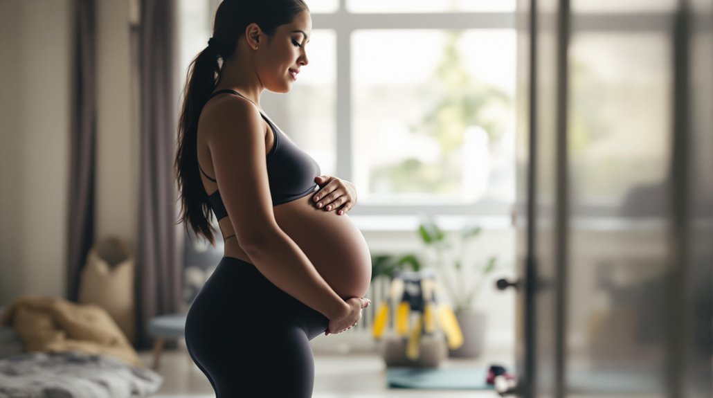 A pregnant woman in athletic wear stands indoors, gently holding her belly and looking down, with light streaming in from a window behind her—a serene moment reflecting hopes to shrink stomach after baby. The room appears calm and softly lit.