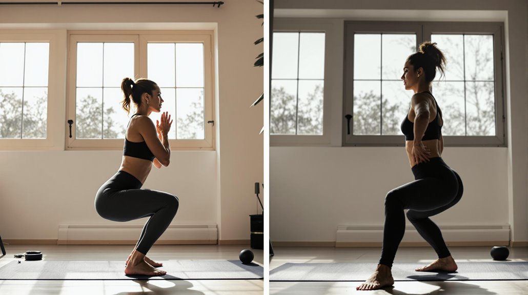 Two women in athletic wear perform squats indoors on yoga mats in a bright room with large windows, each demonstrating a different arm position to show how squats can help reduce belly fat.