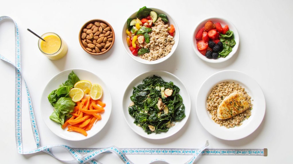 An overhead view of healthy meals for stomach weight loss: grilled chicken with grains, sautéed greens, salad, sliced bell peppers with spinach and lemon, mixed berries, almonds, a glass of juice, and a measuring tape on a white table.