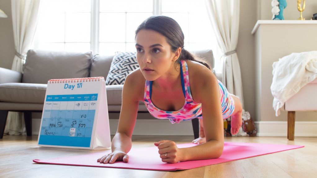 A woman in workout clothes holds a plank on a pink yoga mat indoors, following her fitness calendar—an effective move for stomach weight loss as sunlight streams through the windows.