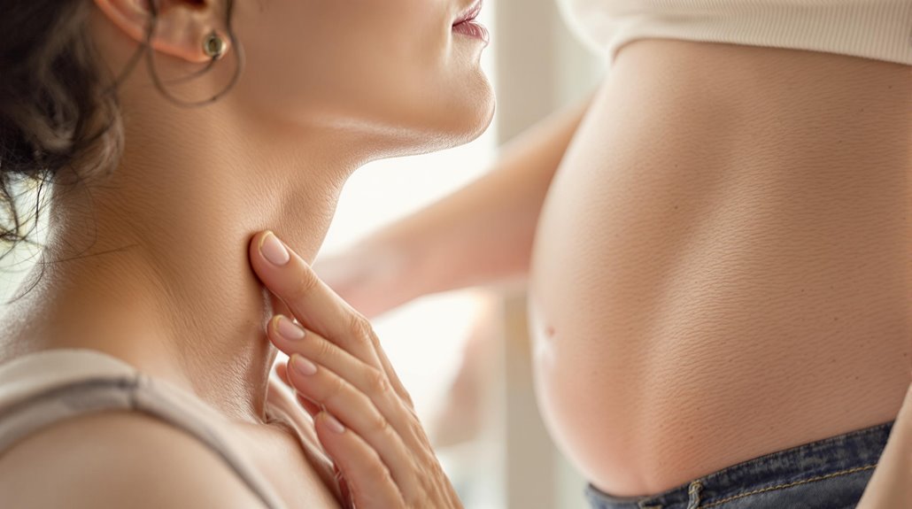 A close-up of a woman gently touching her neck, suggesting a thyroid connection, as she faces another person with a visible pregnant belly. Both wear light-colored tops and stand in soft natural light.