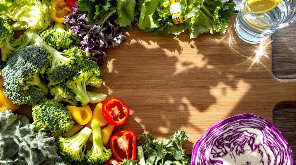 A wooden cutting board surrounded by the best vegetables for weight loss—broccoli, bell peppers, leafy greens, and purple cabbage—with a glass of water and a tape measure on the side for belly fat loss.