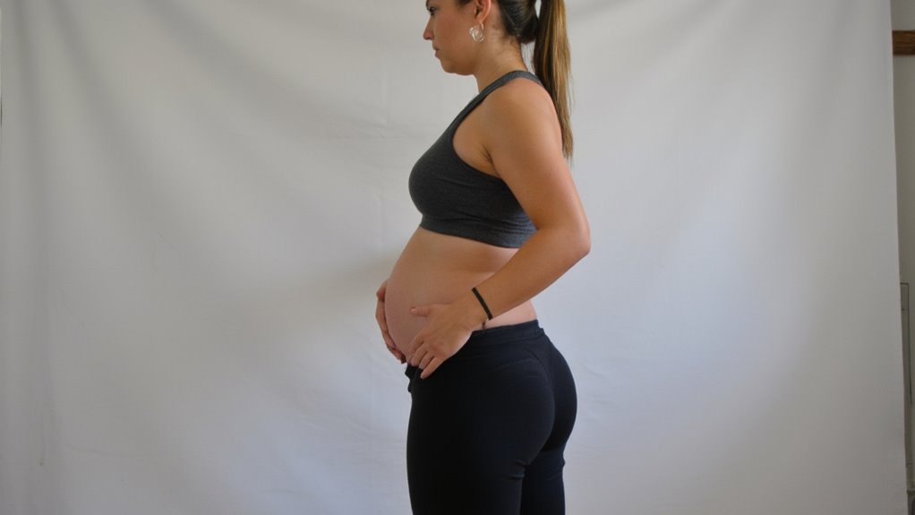 A pregnant woman in a dark sports bra and leggings stands in profile against a plain white background, gently holding her belly with both hands—perfect inspiration for a gentle beginners workout or belly fat exercise routine.