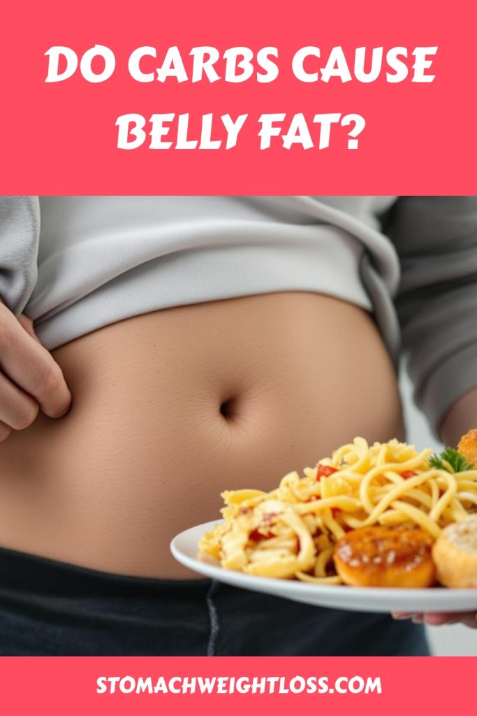 A person holding a plate of pasta and fried food, exposing their midriff, with text asking, Do carbs cause belly fat or weight gain? and the website "stomachweightloss.com" displayed.