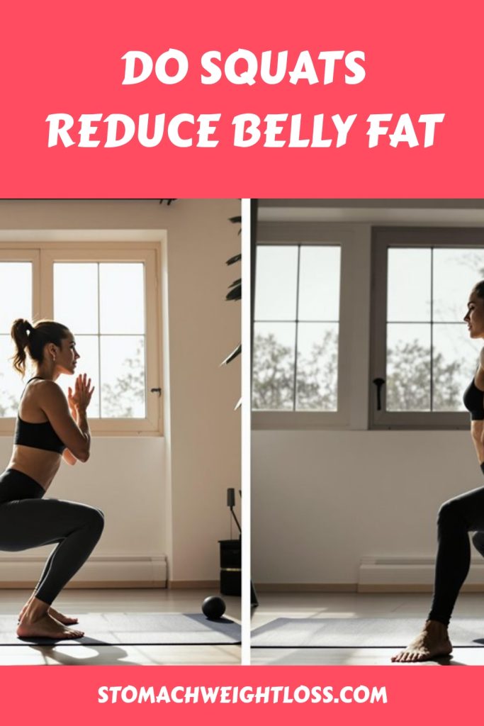 A woman in athletic wear does squats indoors in two side-by-side photos. Text above asks, "DO SQUATS REDUCE BELLY FAT," highlighting how squats may help reduce belly fat. "STOMACHWEIGHTLOSS.COM" appears on a pink background.