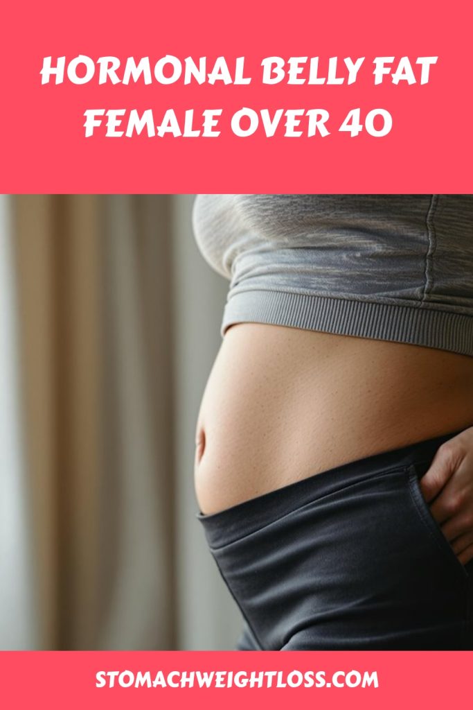 Closeup of a woman’s midsection with visible belly fat, highlighting hormonal belly fat in females over 40. She wears a gray top and pulls down black pants slightly. Text: "Hormonal Belly Fat Female Over 40" and "stomachweightloss.com.