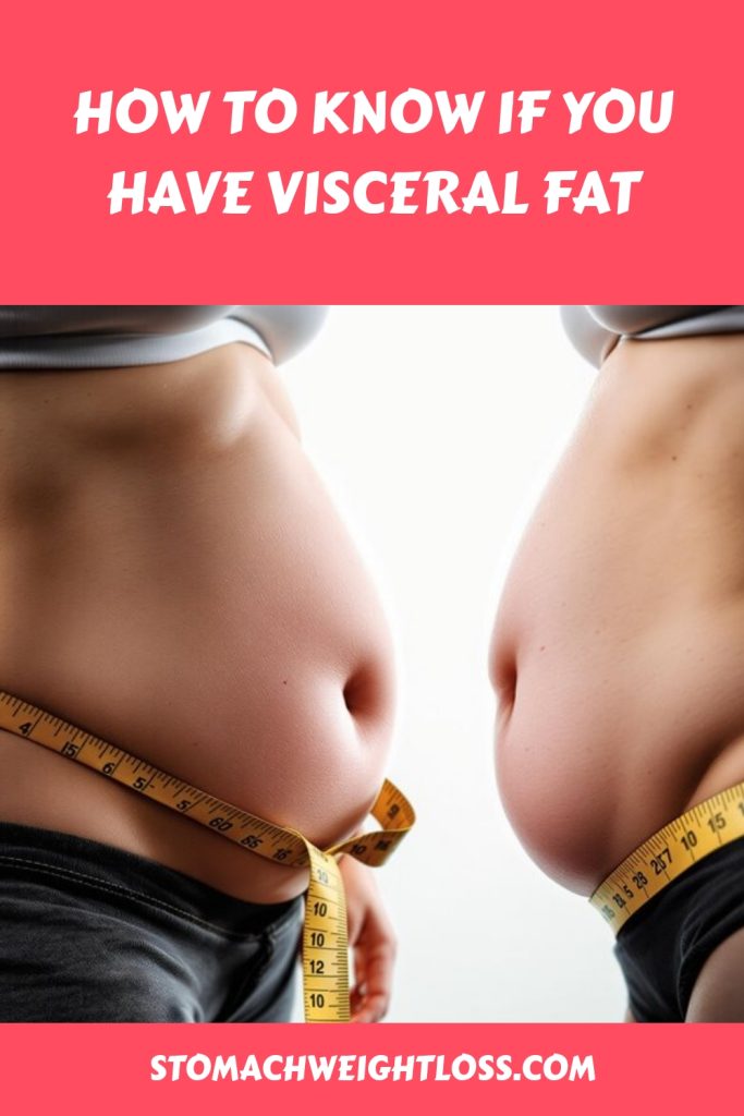 Two people with exposed stomachs and measuring tapes around their waists; text above reads "How to detect visceral fat," highlighting signs of visceral fat. The website "stomachweightloss.com" appears at the bottom.