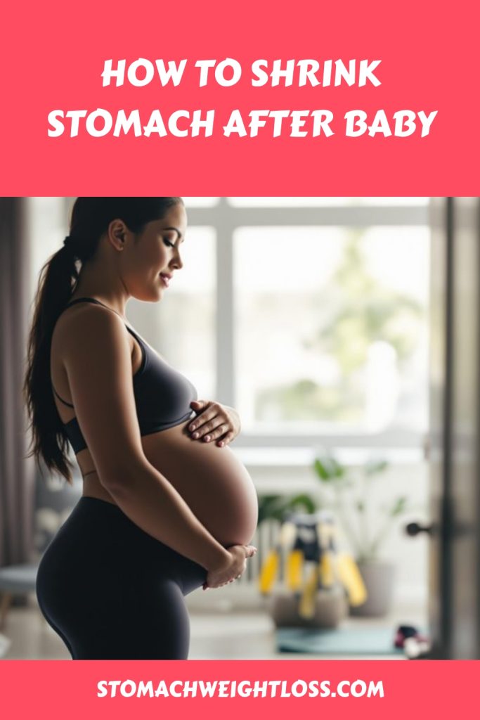Pregnant woman standing indoors, gently cradling her bare belly. Text above reads "How to Shrink Stomach After Baby," with "stomachweightloss.com" below. Perfect for articles on tips and advice for postpartum recovery.