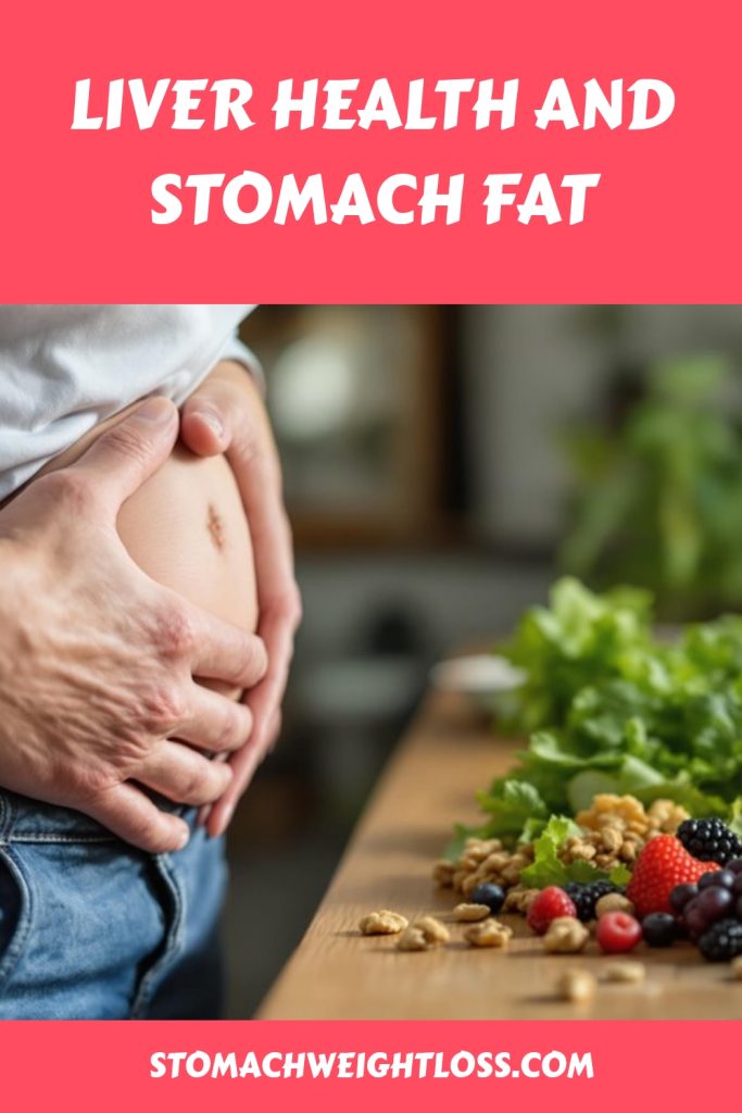 A person holds their bare stomach near a table with fresh greens, nuts, and berries. The text reads "Liver Health and Stomach Fat"—highlighting the link between liver health and reducing stomach fat—plus "stomachweightloss.com" on a red background.