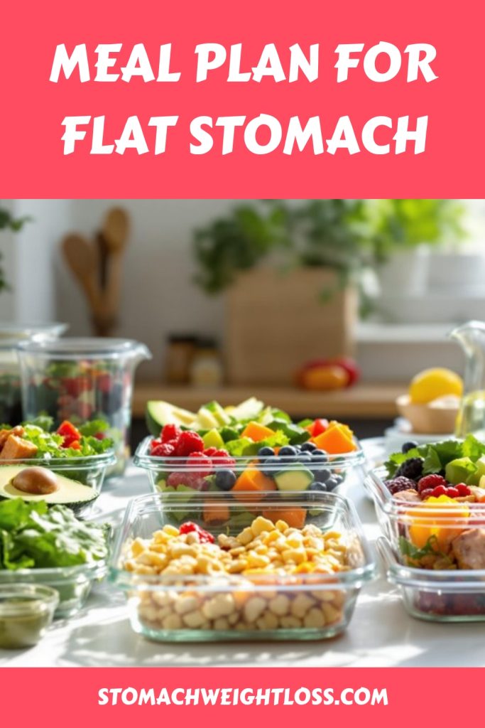 Clear containers filled with fresh salads, berries, and vegetables are arranged on a kitchen counter. Bold text above highlights the Meal Plan for Flat Stomach, with a website link displayed below for easy access.