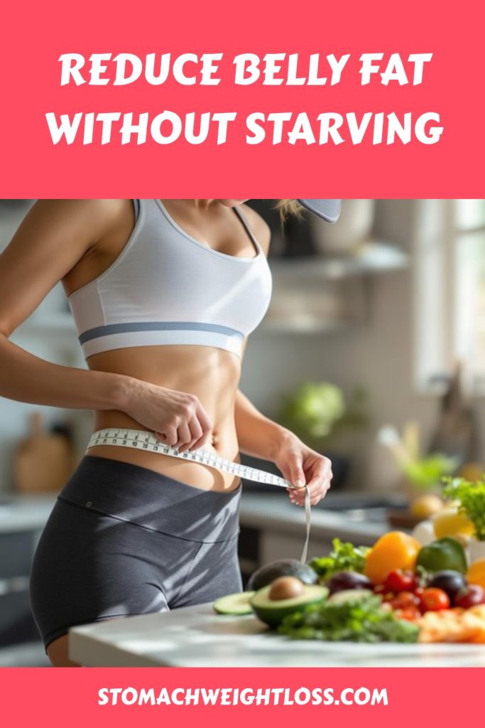 A woman in athletic wear measures her waist with a tape measure in a kitchen full of fresh fruits and vegetables, overlaid with the text "Lose Weight & Reduce Belly Fat without starving" and a website link at the bottom.