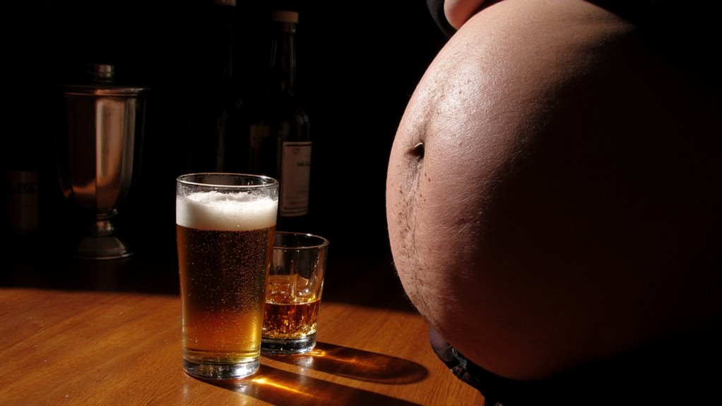 A close-up of a person's bare, round belly beside a glass of beer and whiskey on a wooden table, with blurred bottles in the background—an image that highlights the challenge of belly fat reduction.