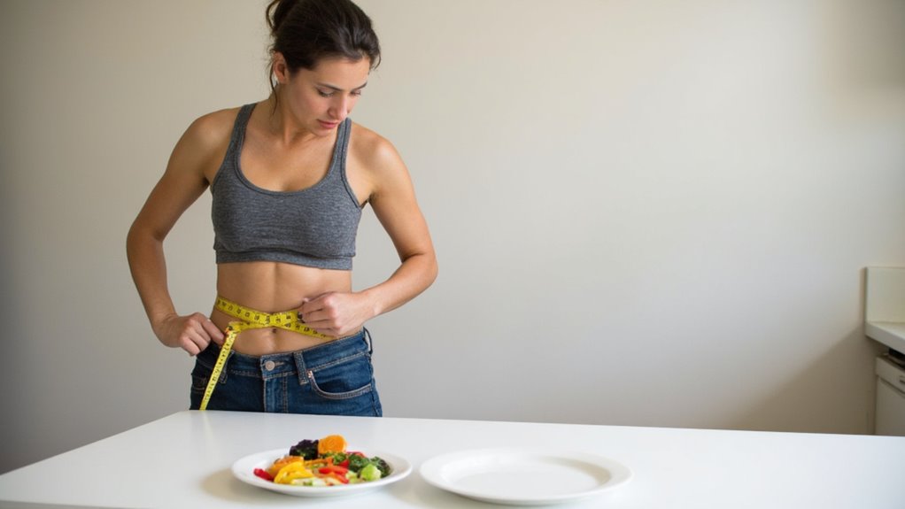 A woman in a gray sports bra and jeans measures her waist with a tape measure at a white counter, focusing on flat stomach tips as a plate of salad sits in front of her.