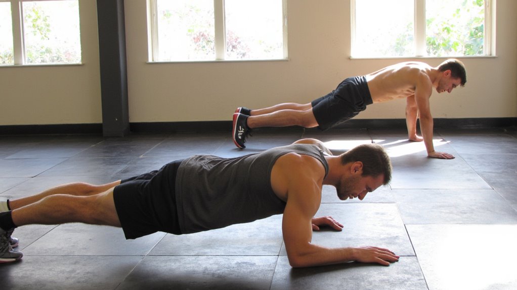 Two men demonstrate one of the best ab exercises for belly fat, performing planks on a black tiled gym floor. One wears a gray tank top and black shorts, while the other is shirtless. Sunlight streams through large windows in the background.