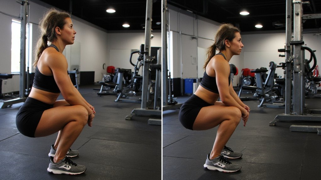 Two women in workout attire demonstrate different squat postures in a gym, highlighting proper form for belly fat reduction. The woman on the left keeps an upright torso, while the woman on the right leans forward with a rounded back.