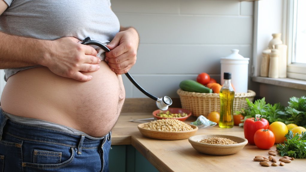 A person with a visible belly uses a stethoscope on their abdomen in a kitchen filled with healthy foods, highlighting their journey toward belly fat reduction. Grains, vegetables, nuts, and olive oil are spread across the counter.